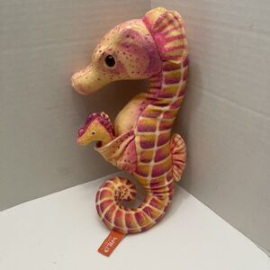 Wild Republic Orange Sea Horse Dad 12” Plush w/3 Babies In Pouch Stuffed Animal